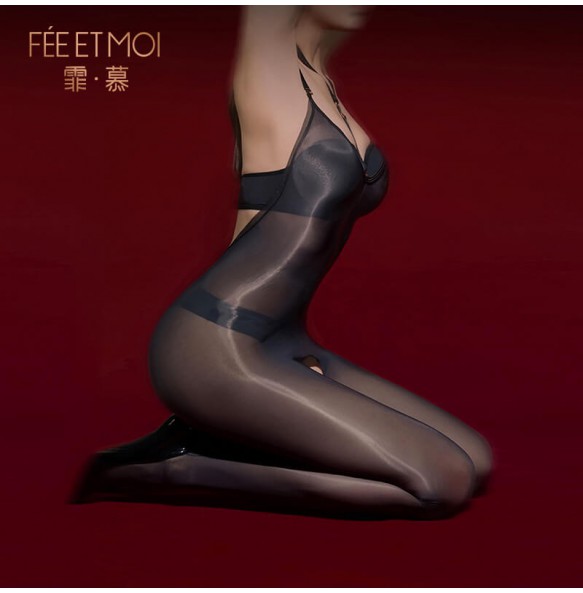 FEE ET MOI - Ultra-Thin High-Density Glossy Halter Bodysuit (Black)